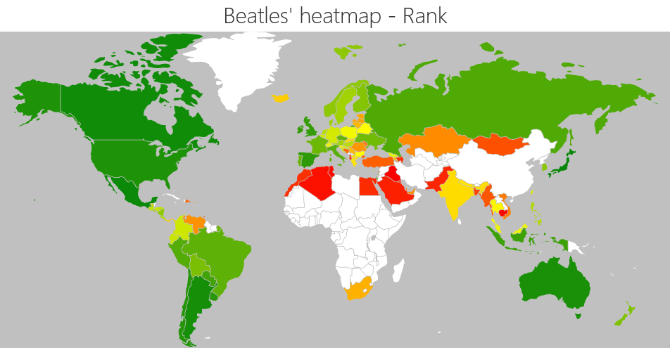 Beatles global heatmap map by rank