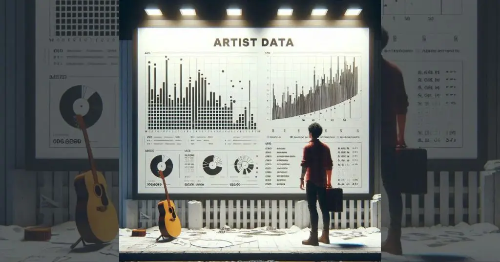 An artist looking at a a data dashboard about their success
